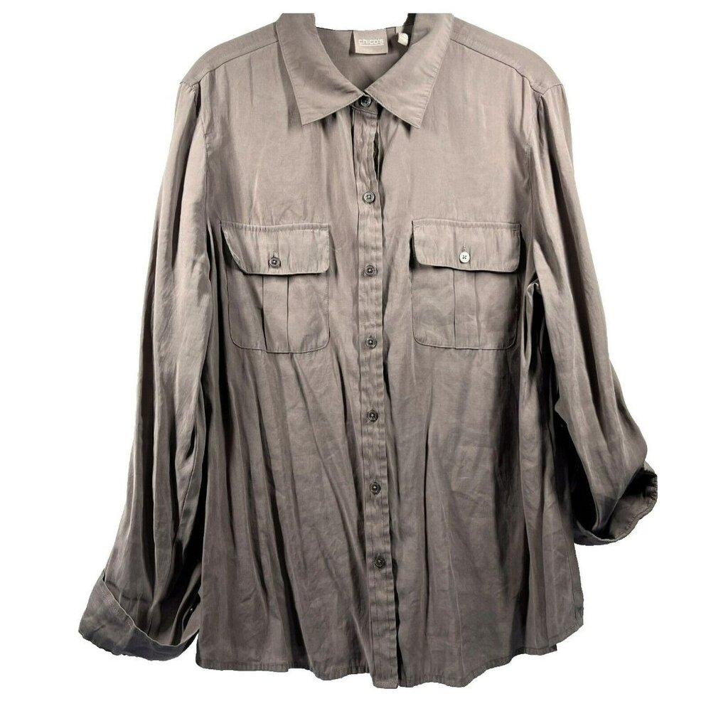 Chicos Blouse Size Large Button Up Solid Taupe Long Roll‎ Tab Sleeve Minimalist